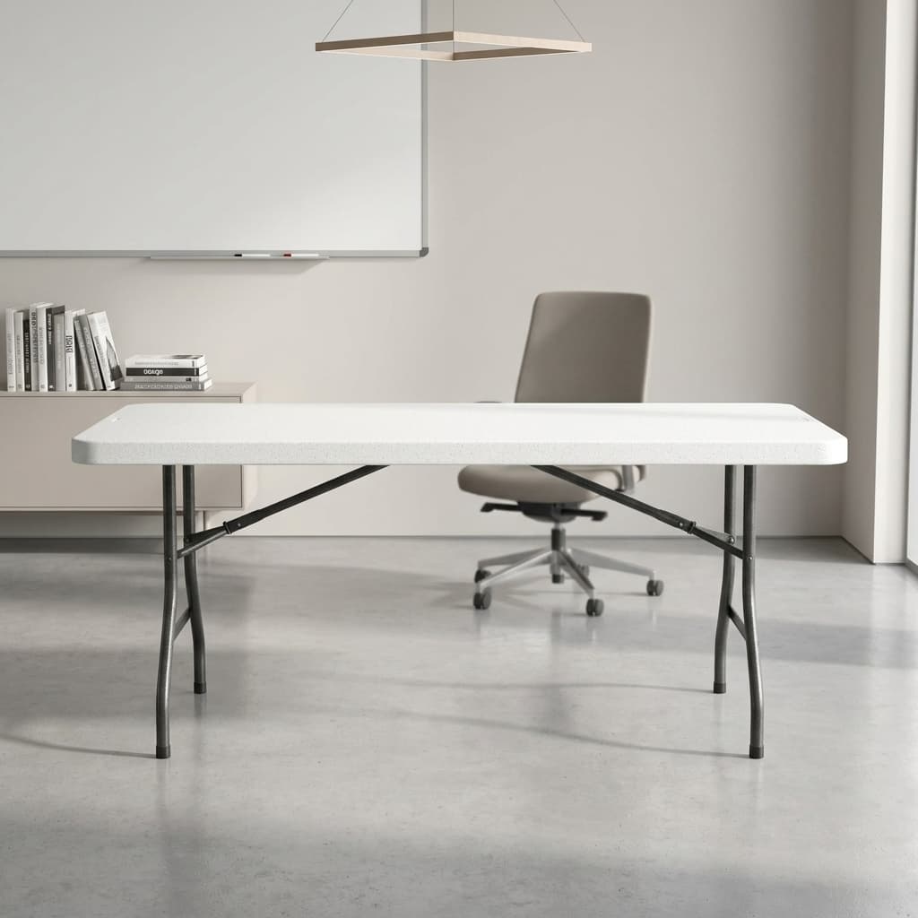 White 6ft folding table with steel legs and portable foldable design