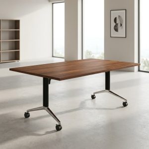 2400mm mobile boardroom table with walnut top and caster wheels