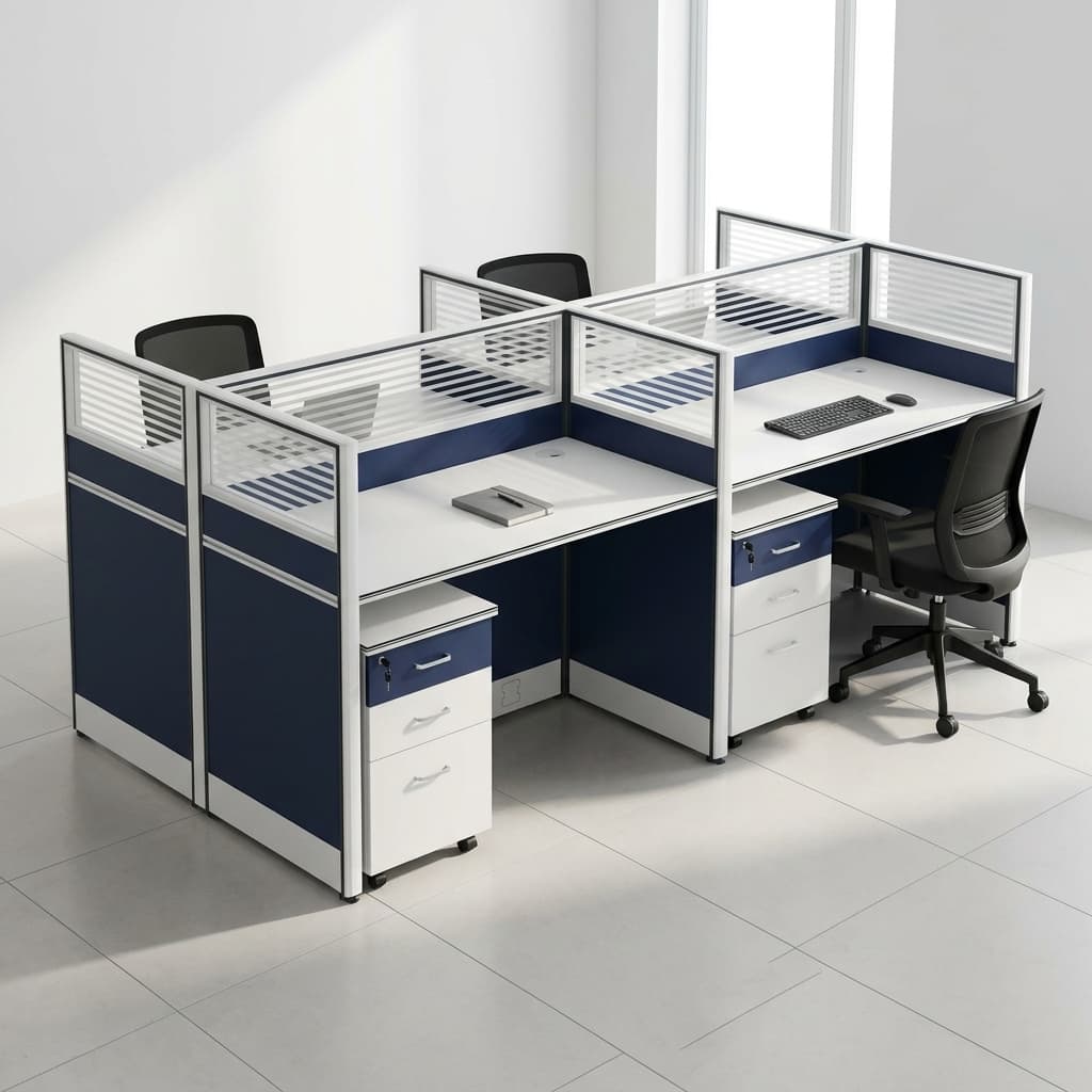 4 Seater Office Workstation with privacy partitions and storage drawers