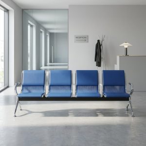Blue 4-seater reception bench with leather cushions and steel frame