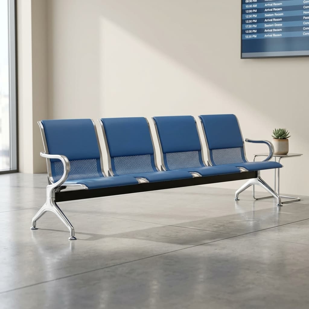 Blue 4-seater reception bench with leather cushions and steel frame