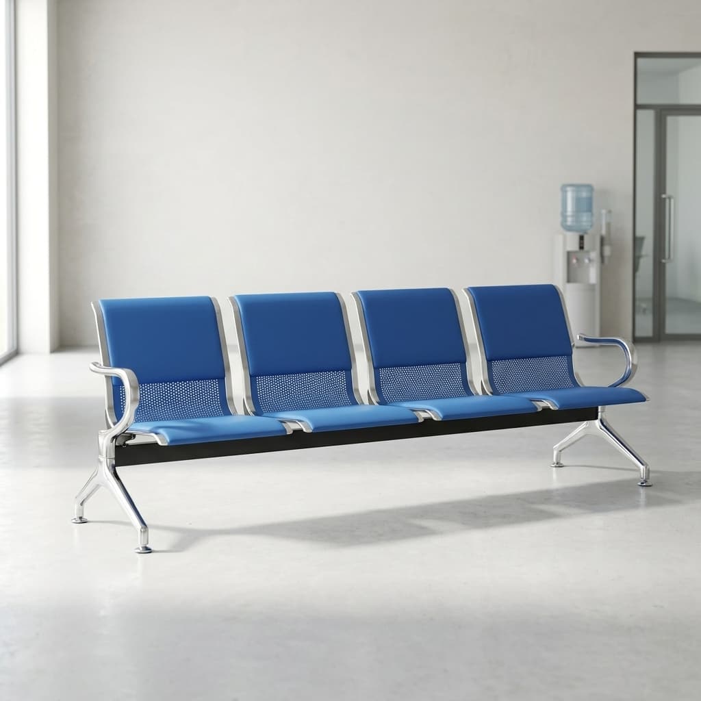 Blue 4-seater reception bench with leather cushions and steel frame
