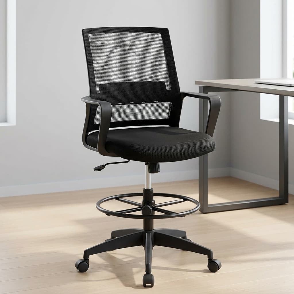 Black mesh drafting chair with adjustable foot ring and lumbar support