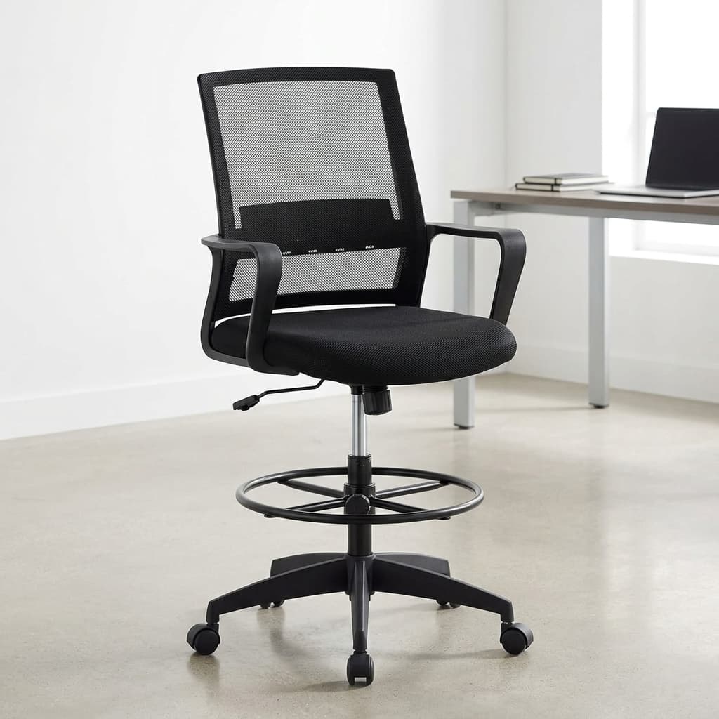 Black mesh drafting chair with adjustable foot ring and lumbar support