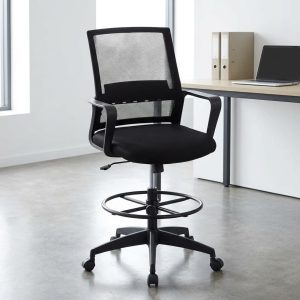 Black mesh drafting chair with adjustable foot ring and lumbar support