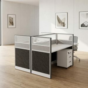 2-seater office workstation with privacy partitions and storage drawers
