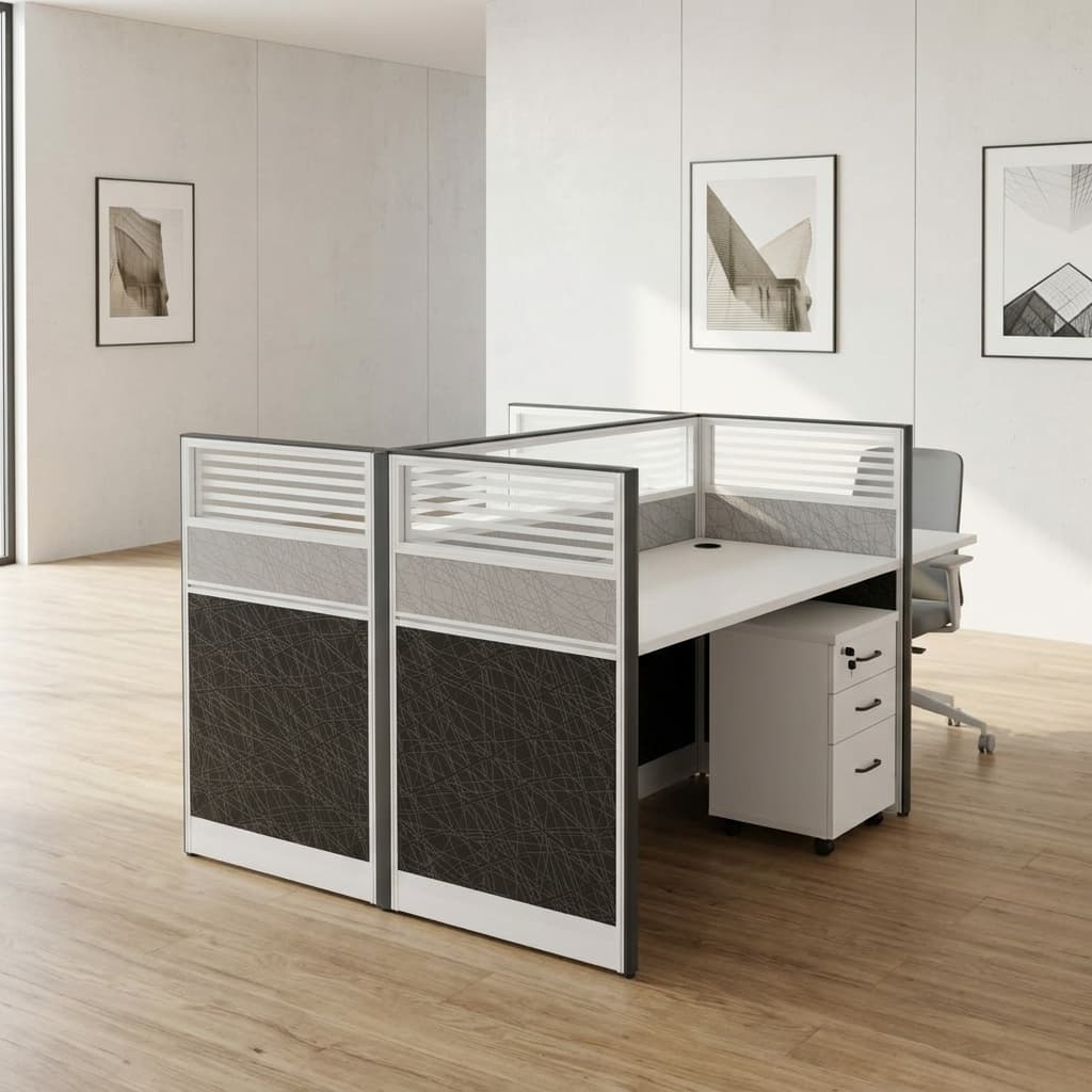 2-seater office workstation with privacy partitions and storage drawers