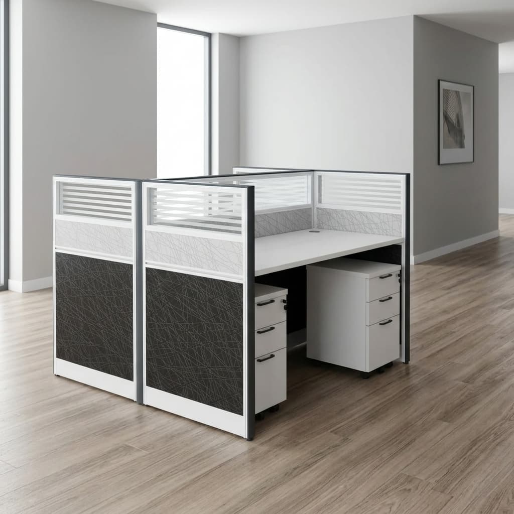 2-seater office workstation with privacy partitions and storage drawers