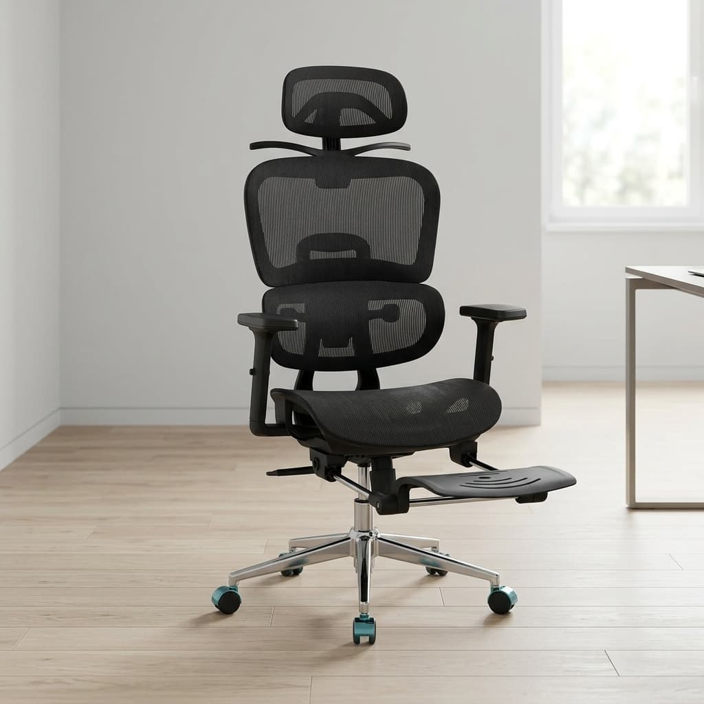 Orthopedic executive mesh chair with adjustable headrest and retractable footrest