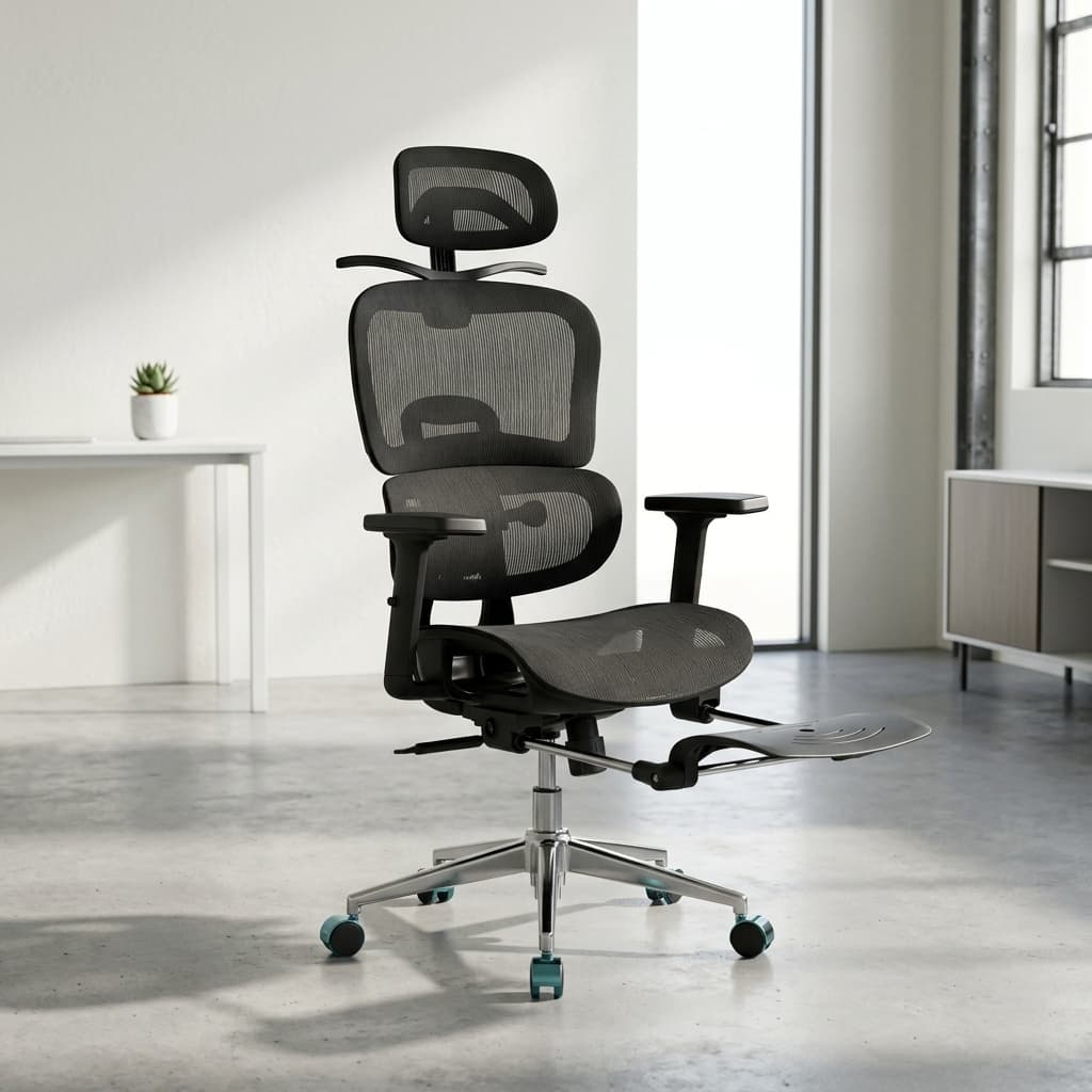 Orthopedic executive mesh chair with adjustable headrest and retractable footrest