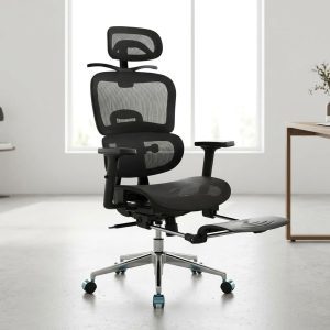 Orthopedic executive mesh chair with adjustable headrest and retractable footrest