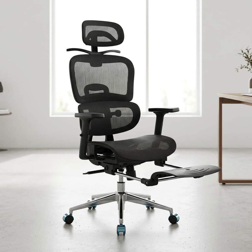 Orthopedic executive mesh chair with adjustable headrest and retractable footrest