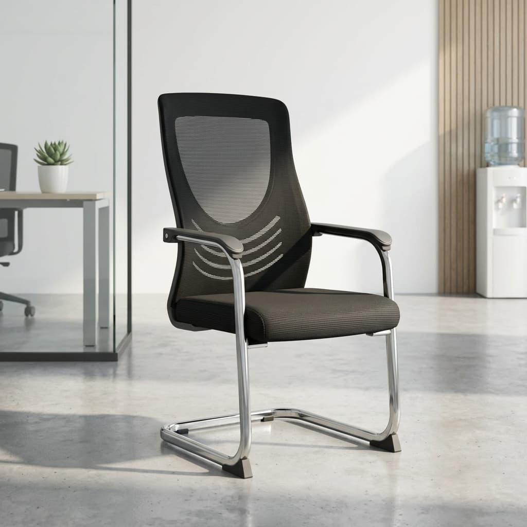Visitor chair with armrest featuring mesh back and chrome sled base
