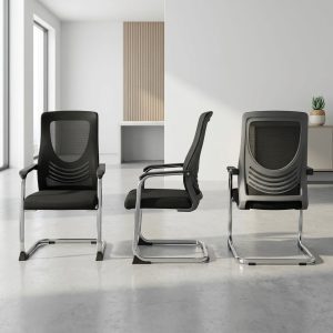 Visitor chair with armrest featuring mesh back and chrome sled base