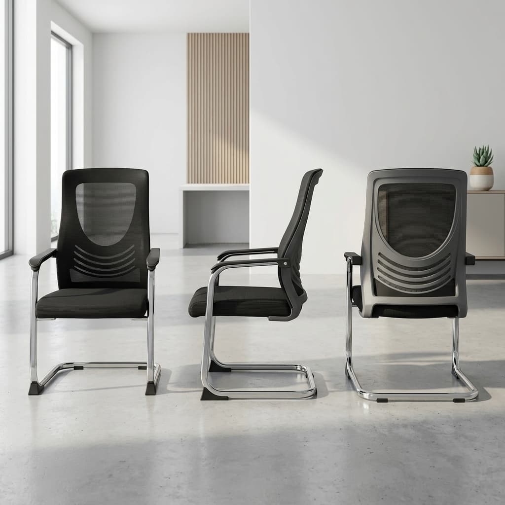 Visitor chair with armrest featuring mesh back and chrome sled base