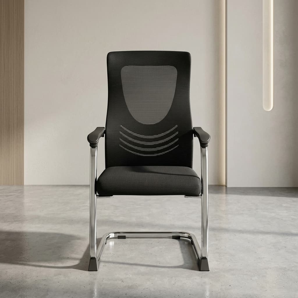 Visitor chair with armrest featuring mesh back and chrome sled base