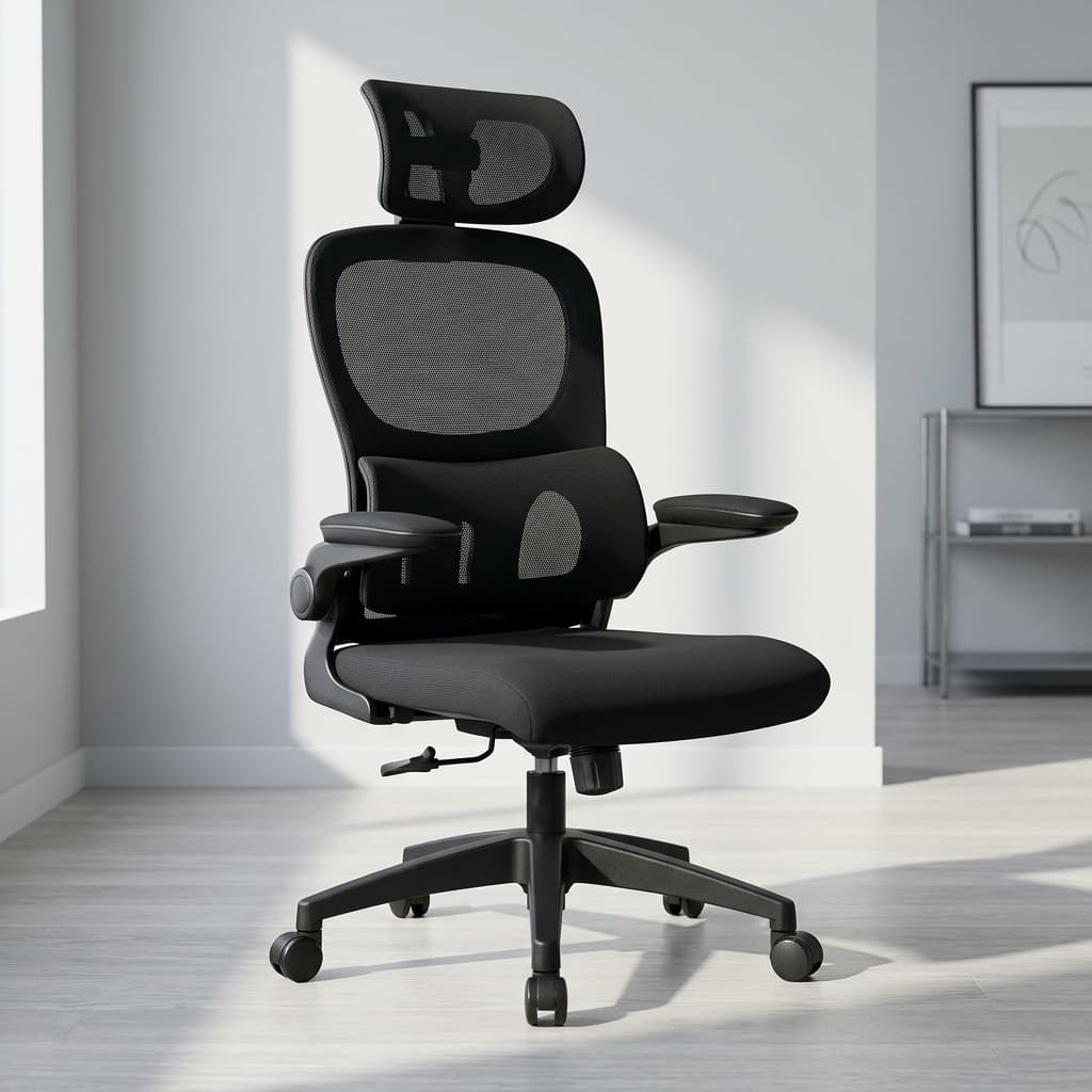 Office chair with lumbar support, adjustable headrest, and mesh backrest