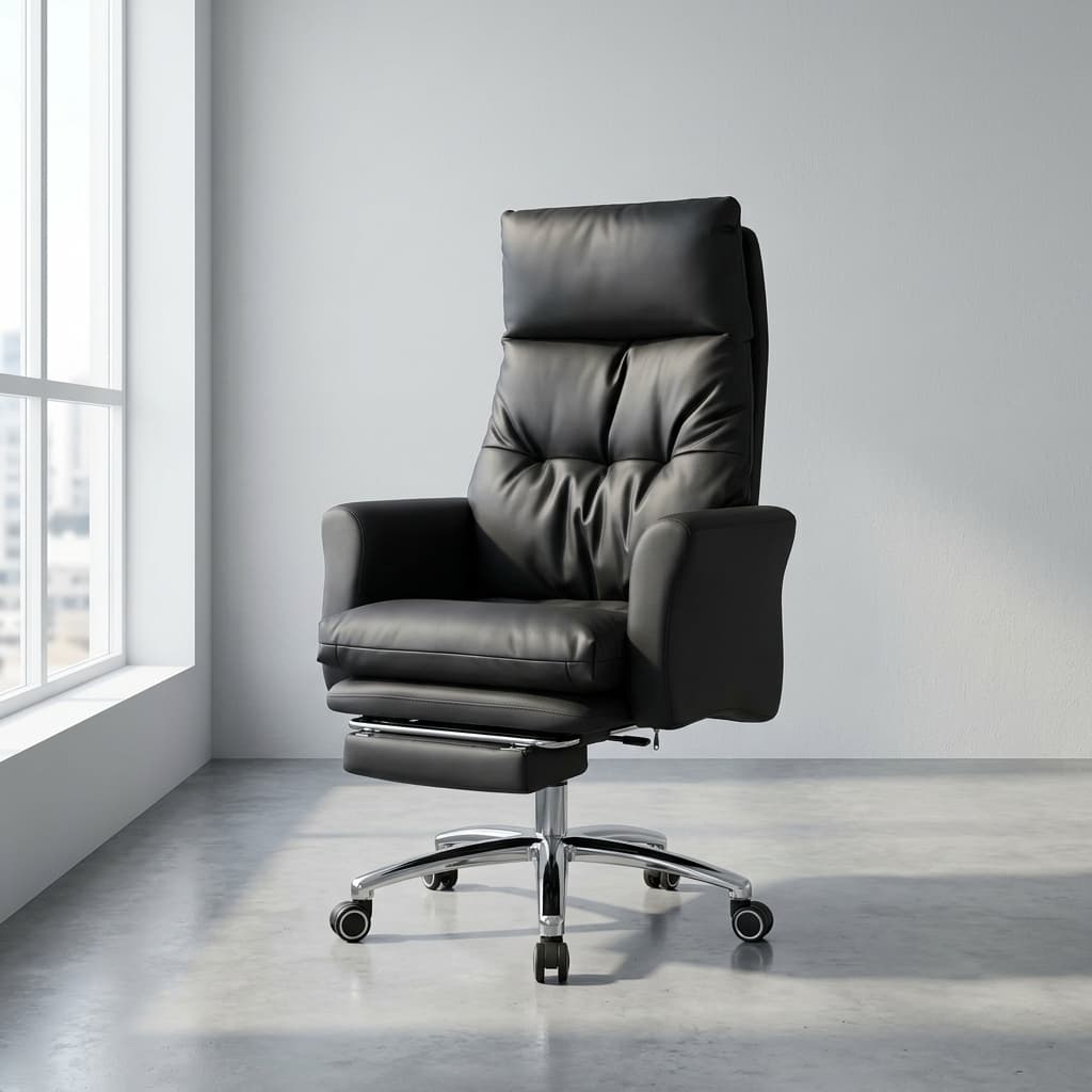 Executive reclining office chair with footrest and premium leather upholstery