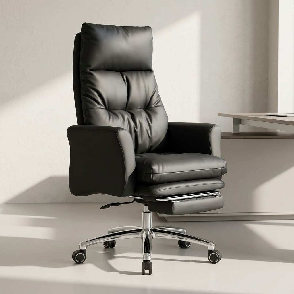 Executive reclining office chair with footrest and premium leather upholstery
