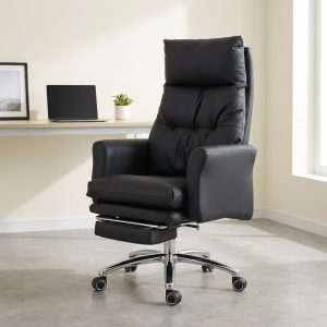 Executive reclining office chair with footrest and premium leather upholstery