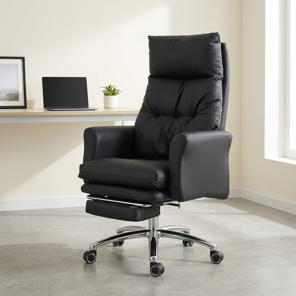 Executive reclining office chair with footrest and premium leather upholstery