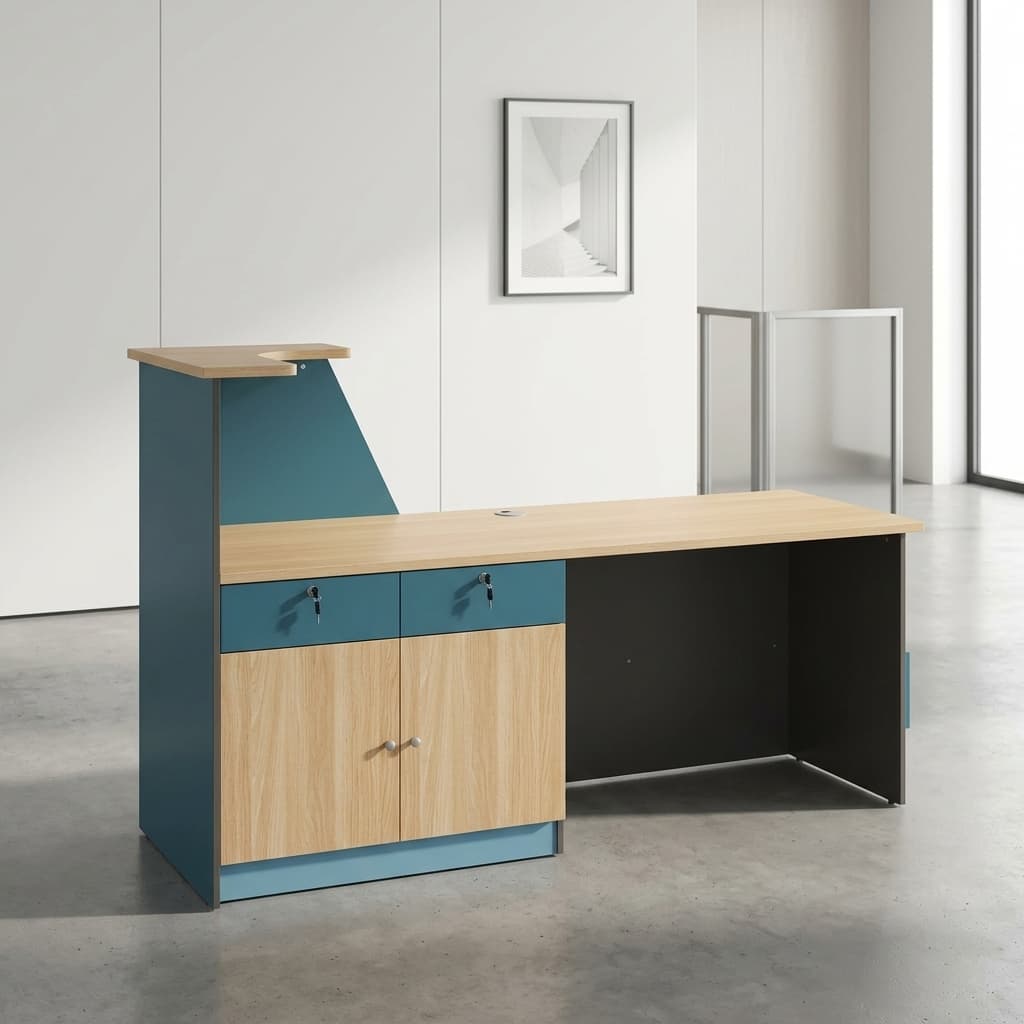 2.4 meter wooden reception desk with counter and lockable storage drawers