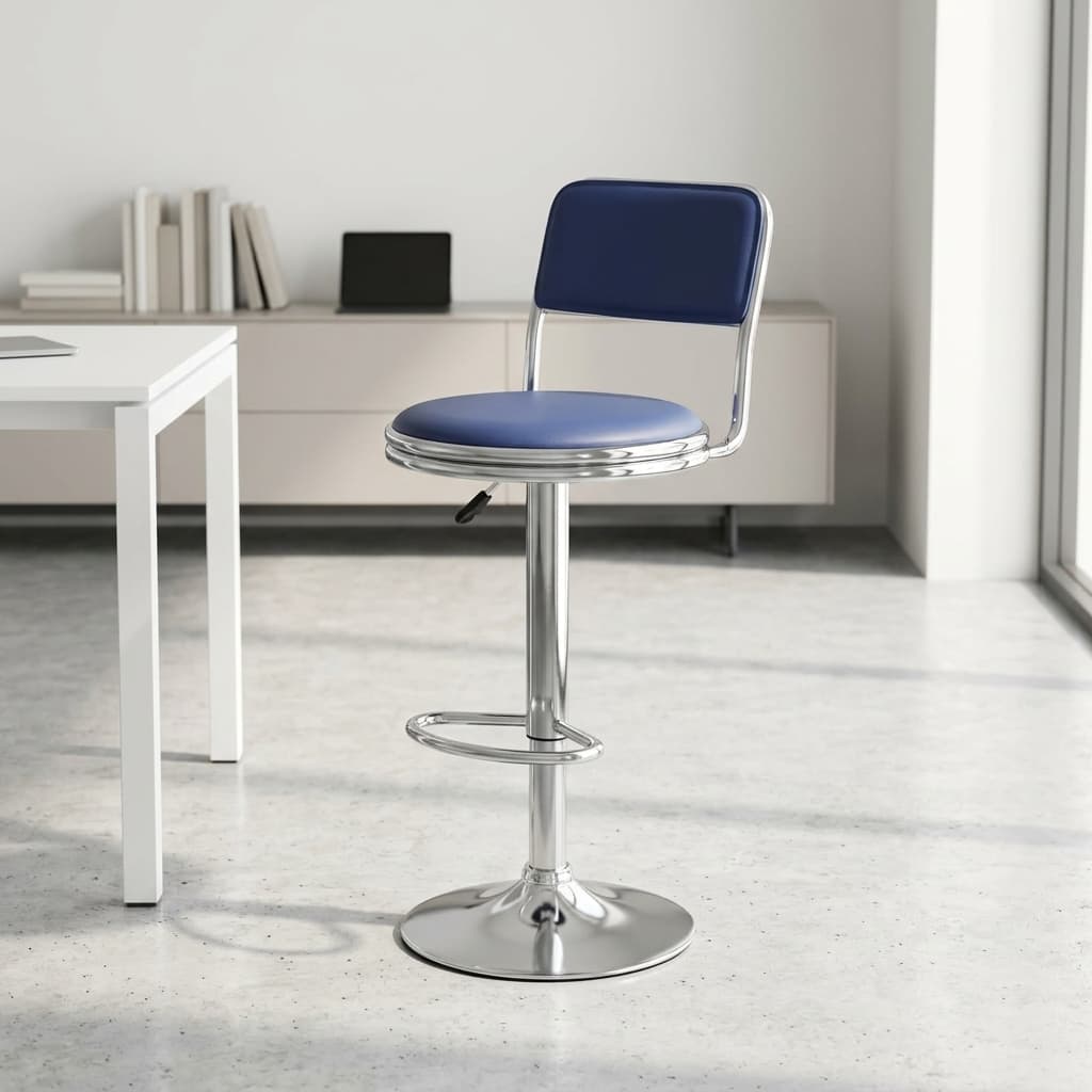 Blue adjustable barstool with chrome base and PU leather upholstery