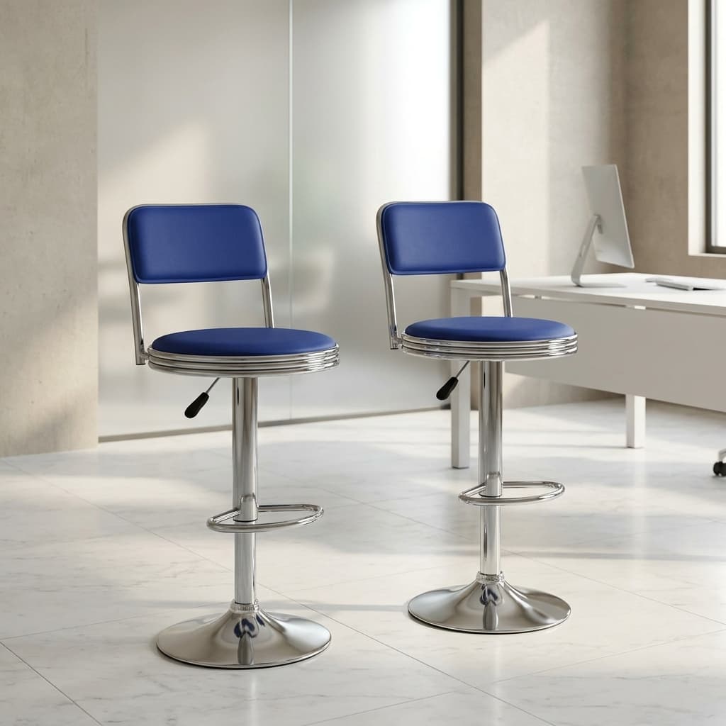 Blue adjustable barstool with chrome base and PU leather upholstery