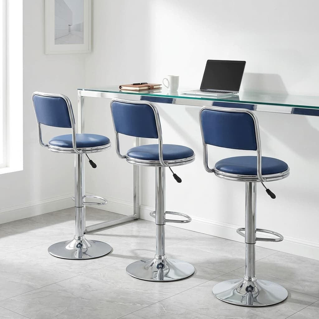 Blue adjustable barstool with chrome base and PU leather upholstery