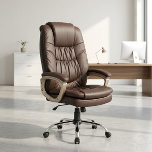 Brown bonded leather high-back executive office chair with chrome base