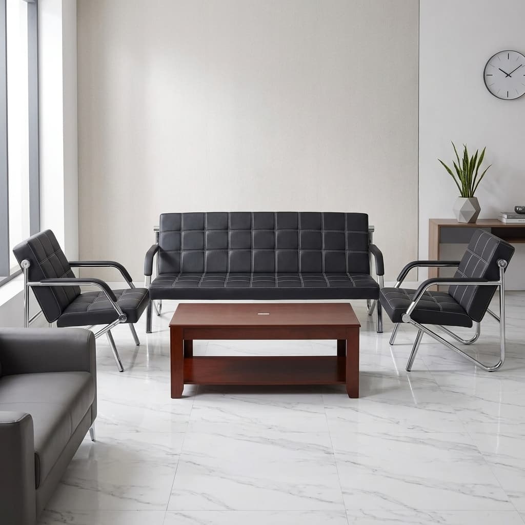 5-seater reception guest sofa with PU leather cushions and chrome steel frame