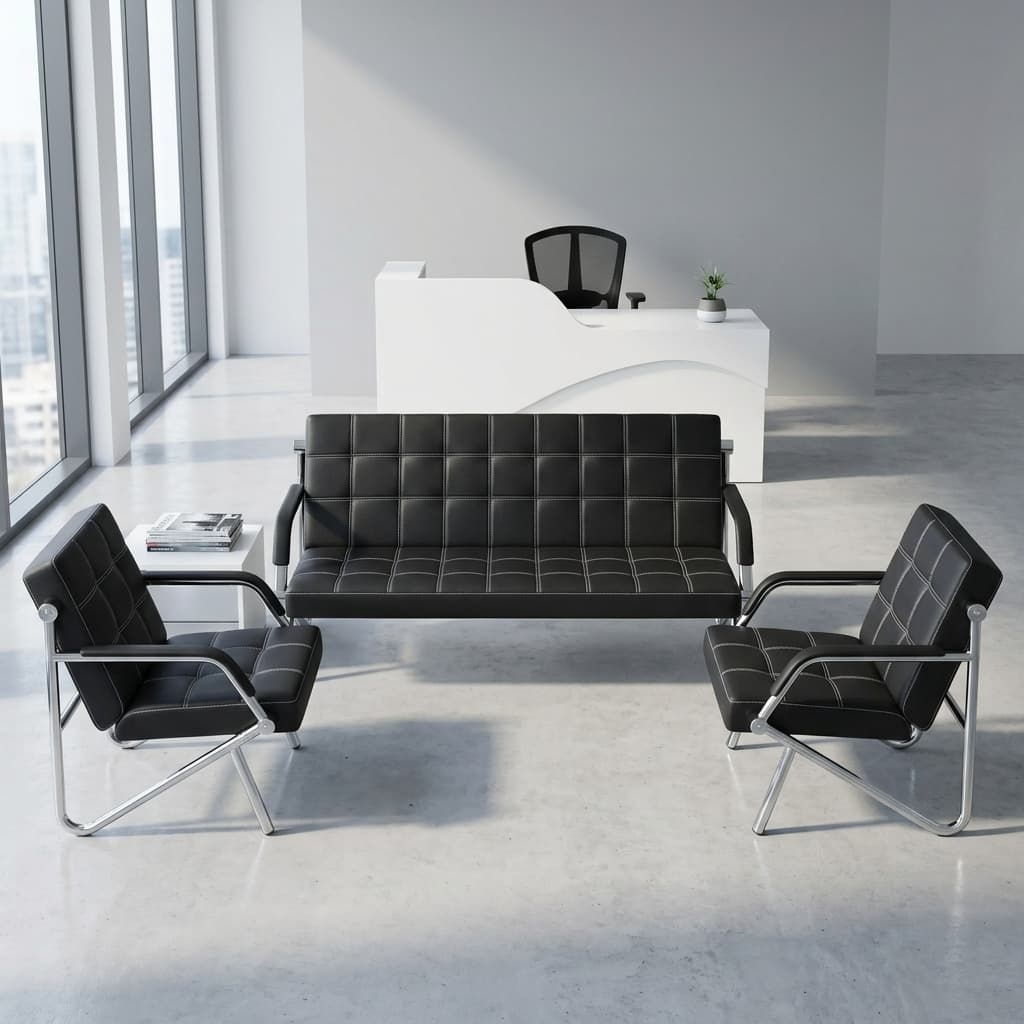 5-seater reception guest sofa with PU leather cushions and chrome steel frame