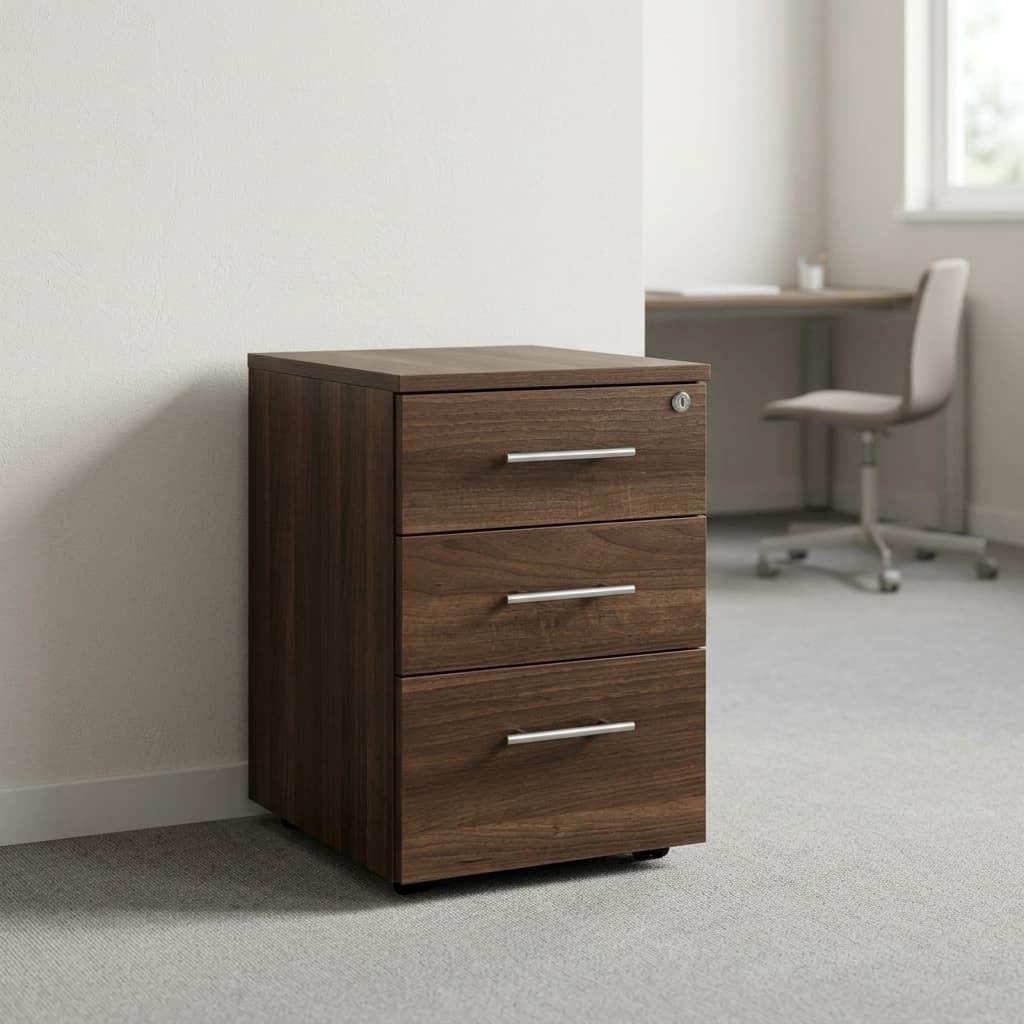 3-drawer mobile pedestal cabinet with lock and wood-grain finish