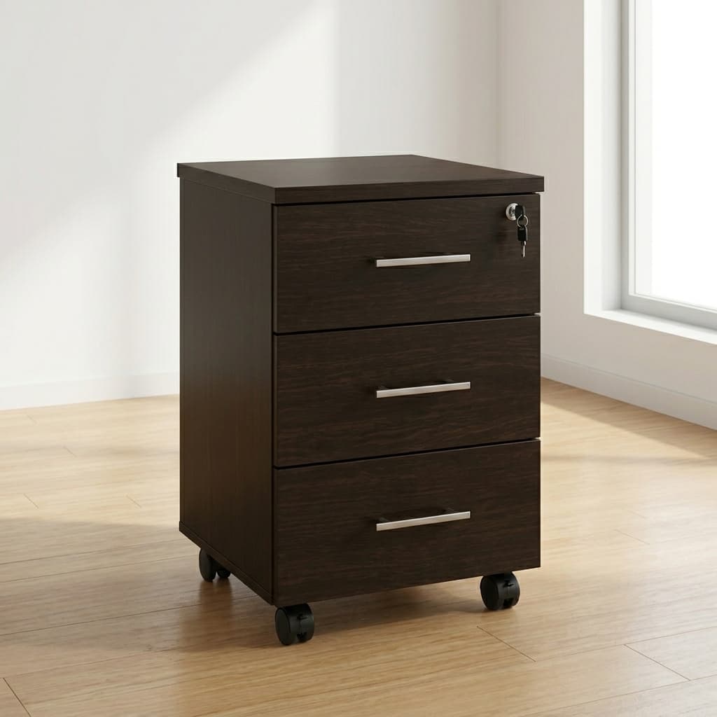 3-drawer mobile pedestal cabinet with lock and wood-grain finish