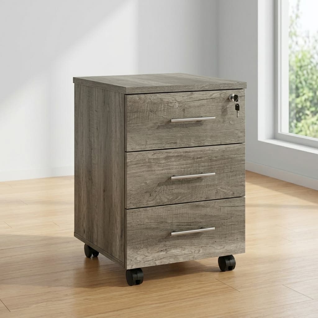 3-drawer mobile pedestal cabinet with lock and wood-grain finish