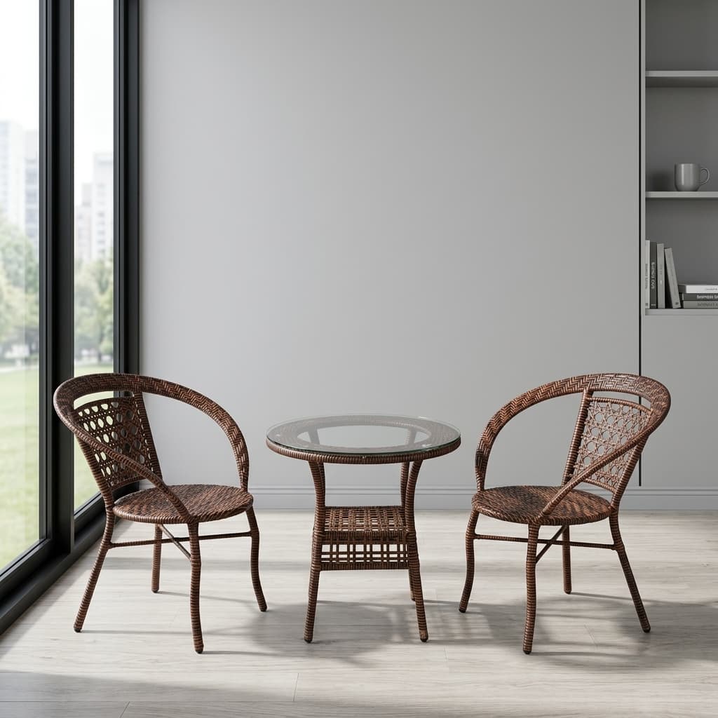 3-piece brown rattan bistro set with glass-top table and two chairs