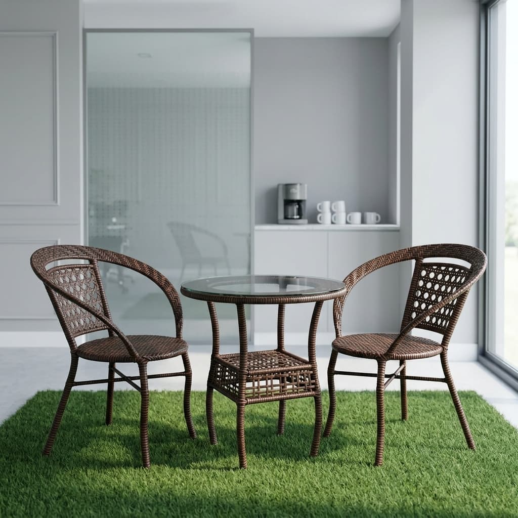 3-piece brown rattan bistro set with glass-top table and two chairs