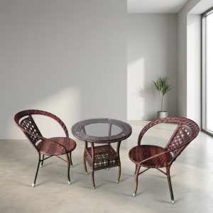 3-piece brown rattan bistro set with glass-top table and two chairs