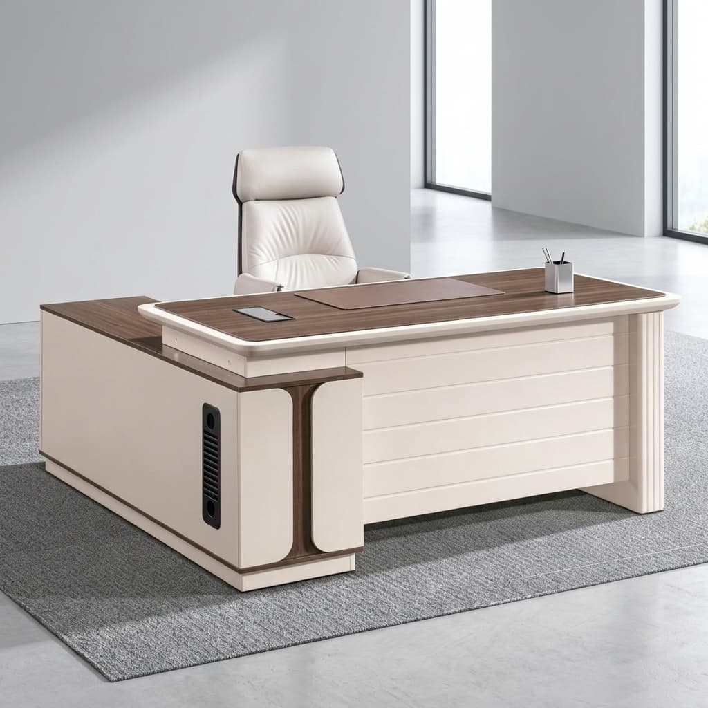 1800mm executive office desk with side cabinet and modern wood-grain finish