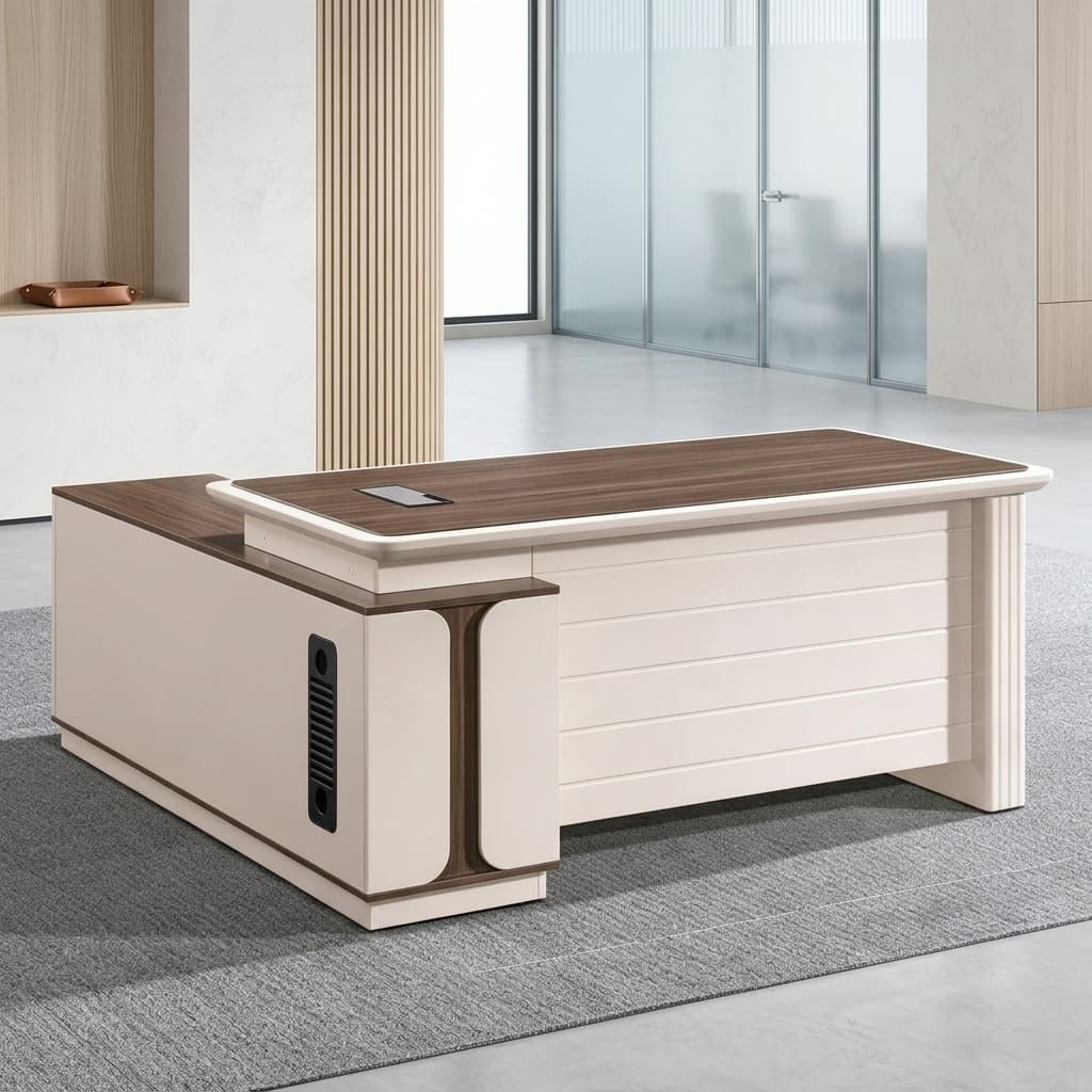 1800mm executive office desk with side cabinet and modern wood-grain finish