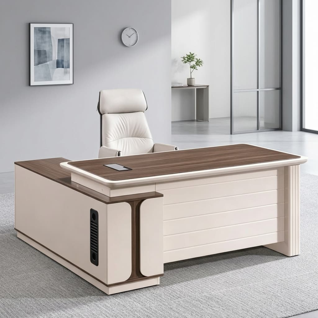 1800mm executive office desk with side cabinet and modern wood-grain finish
