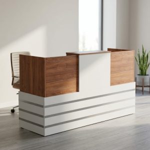 2000mm front counter desk with drawers and modern white wood-grain finish
