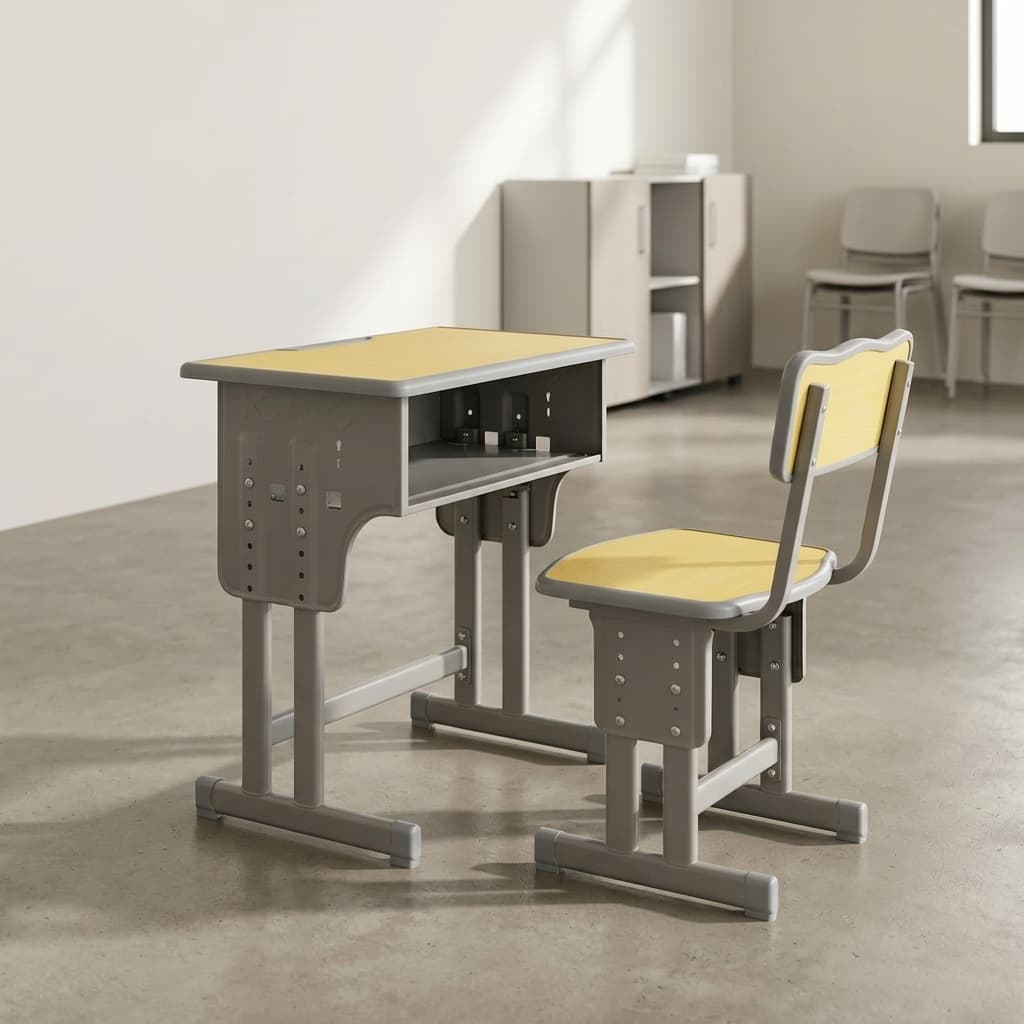 Height adjustable school desk and chair set with ergonomic design and steel frame