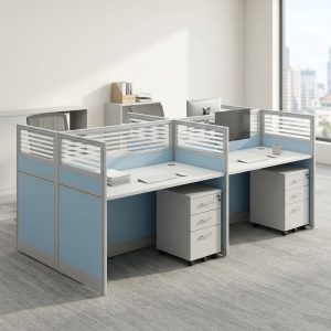 4 office desk workstation with privacy partitions and mobile pedestal drawers