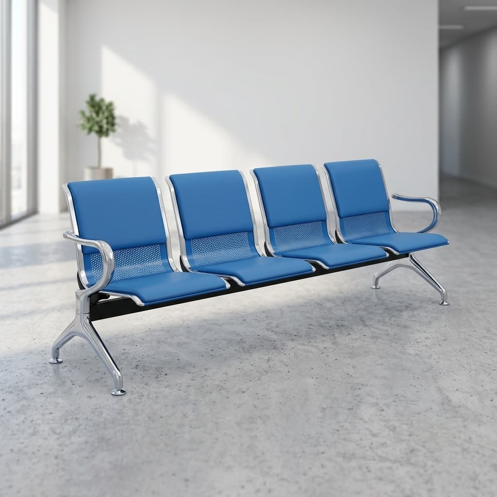 4-Link blue hospital waiting bench with metal frame and perforated backrests