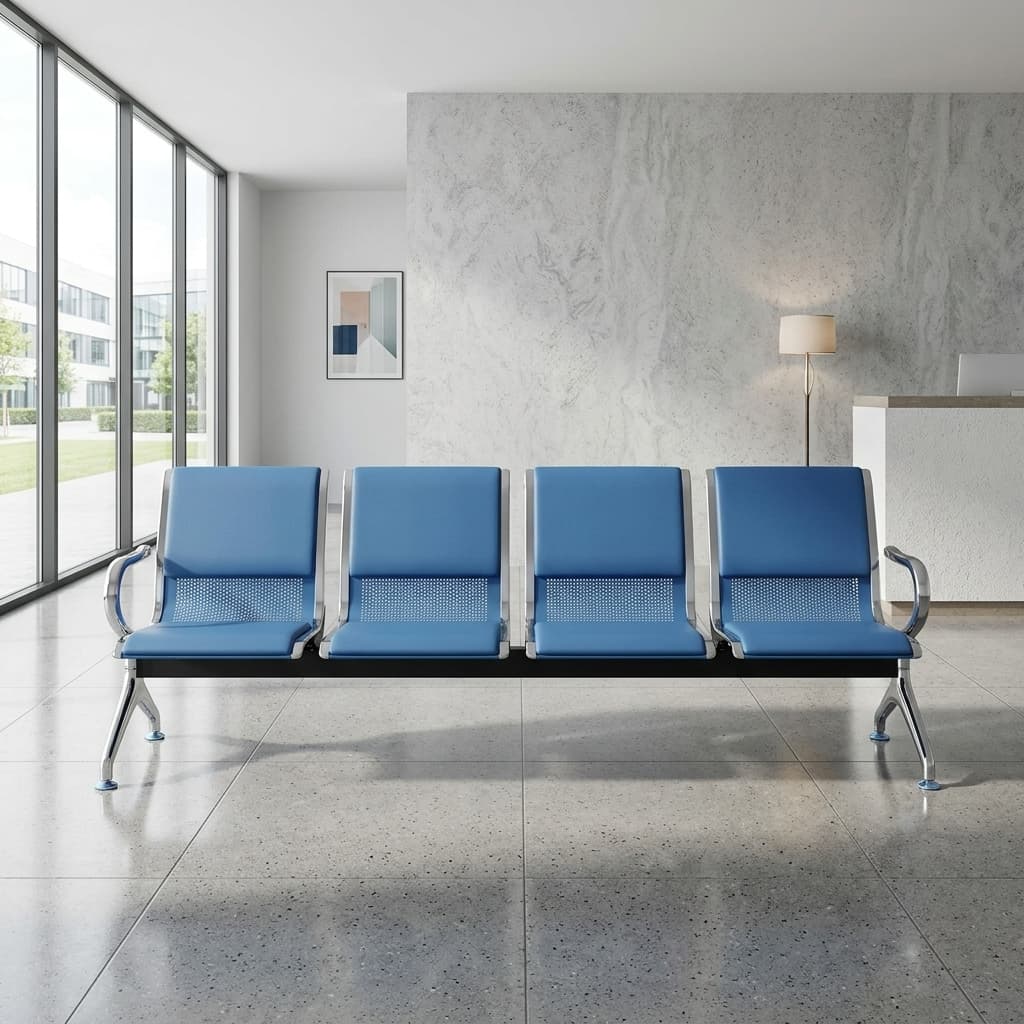 4-Link blue hospital waiting bench with metal frame and perforated backrests