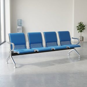 4-Link blue hospital waiting bench with metal frame and perforated backrests