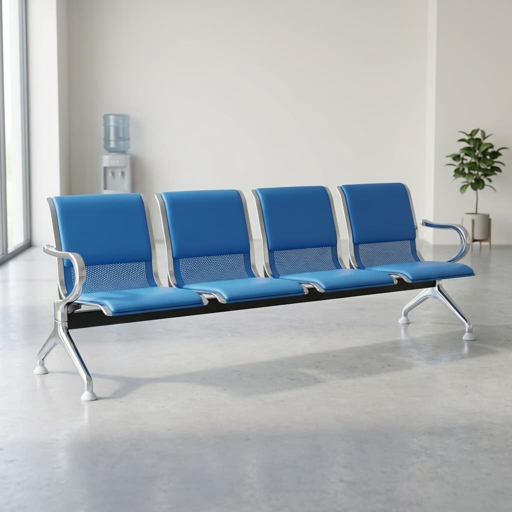 4-Link blue hospital waiting bench with metal frame and perforated backrests
