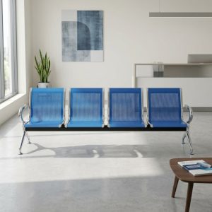 Unpadded 4-link waiting bench with perforated blue metal seats and chrome frame