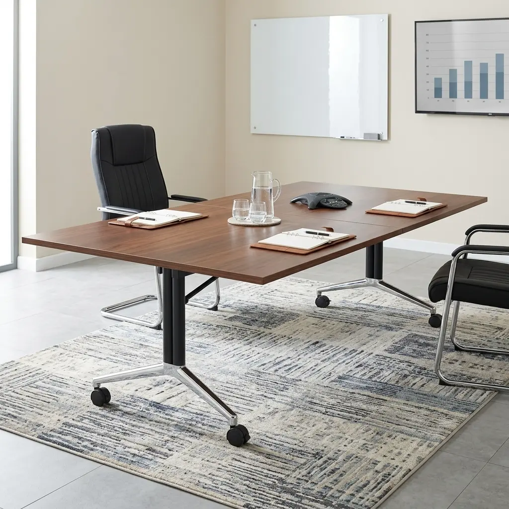 A 2400mm Mobile Boardroom Table featuring a walnut wood grain top, heavy-duty black folding T-legs, polished chrome bases, and lockable caster wheels.